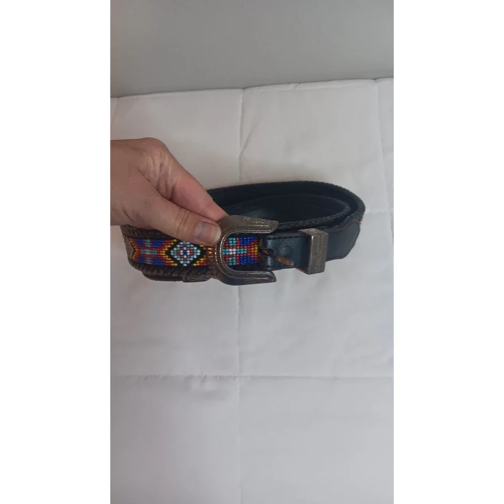 Vintage 1991 Bead Black Belt Leather Silver Native Western Colorful Size 42